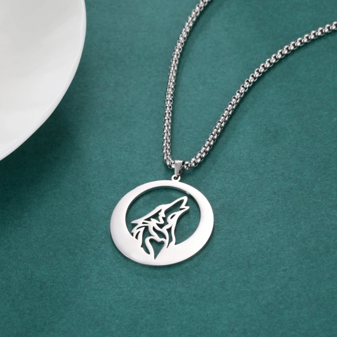 Egyptian Necklace <br />Wolf and Moon (Steel)